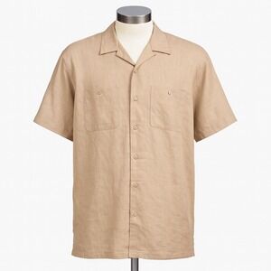 Visitor Mens XXL Shirt Beige Linen Short Sleeve Button Front‎ Camp Casual